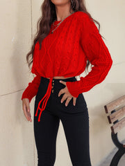 Honey Drawstring Hem Cable-Knit Round Neck Sweater LIAXO