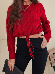 Honey Drawstring Hem Cable-Knit Round Neck Sweater LIAXO