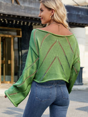 Openwork Boat Neck Long Sleeve Sweater LIAXO