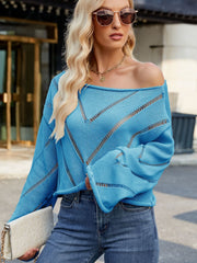 Openwork Boat Neck Long Sleeve Sweater LIAXO