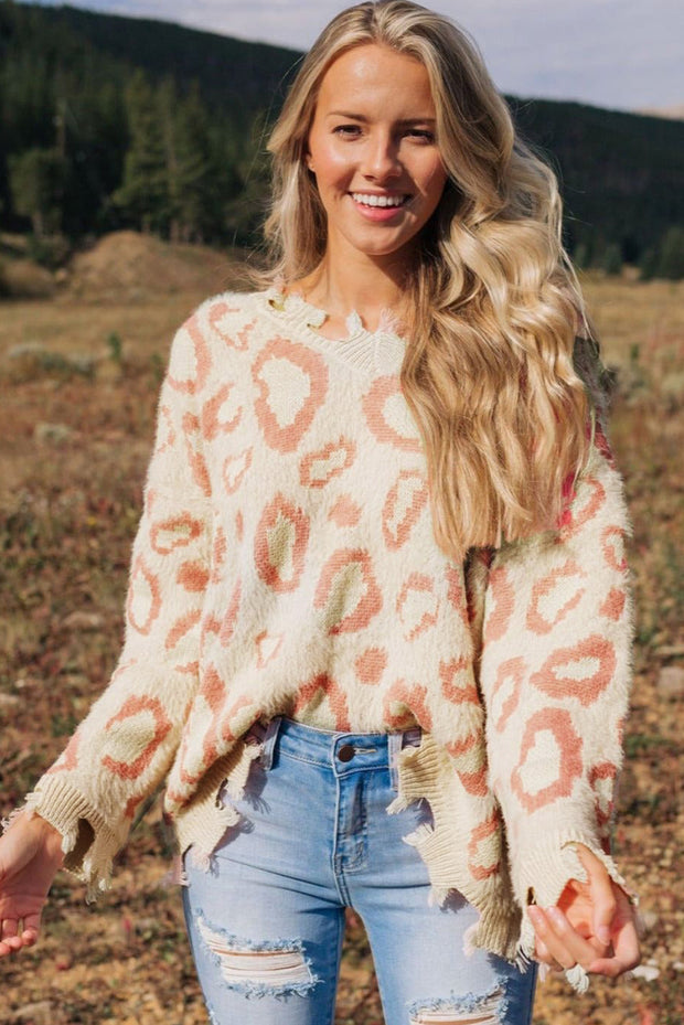 Distressed Trim Leopard V-Neck Sweater LIAXO