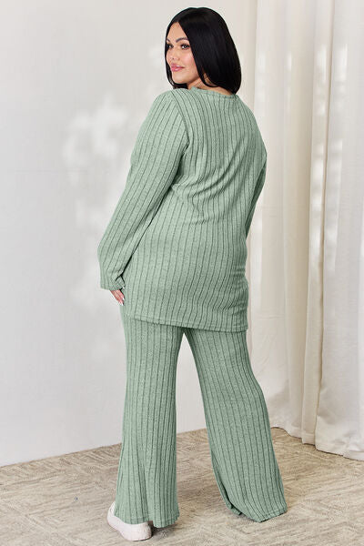 Basic Bae Full Size Ribbed High-Low Top and Wide Leg Pants Set LIAXO