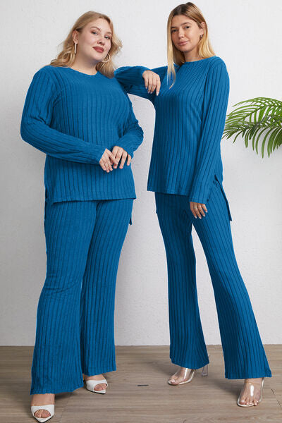 Basic Bae Full Size Ribbed High-Low Top and Wide Leg Pants Set LIAXO