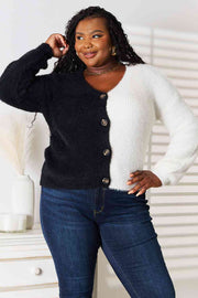 Woven Right Contrast Button-Front V-Neck Cardigan LIAXO
