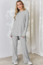 Basic Bae Full Size Ribbed High-Low Top and Wide Leg Pants Set LIAXO