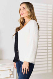 Woven Right Contrast Button-Front V-Neck Cardigan LIAXO