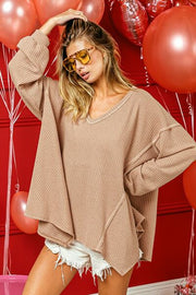 BiBi V-Neck Waffle Uneven Hem Top LIAXO