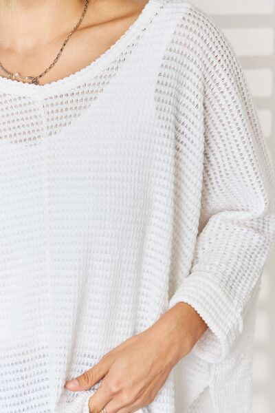 Zenana Full Size Waffle Knit V-Neck Long Sleeve Slit Top LIAXO
