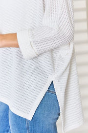 Zenana Full Size Waffle Knit V-Neck Long Sleeve Slit Top LIAXO