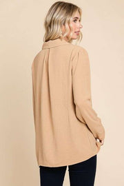 Culture Code Full Size Lapel Collar Ruched Long Sleeve Blouse LIAXO