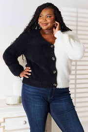 Woven Right Contrast Button-Front V-Neck Cardigan LIAXO