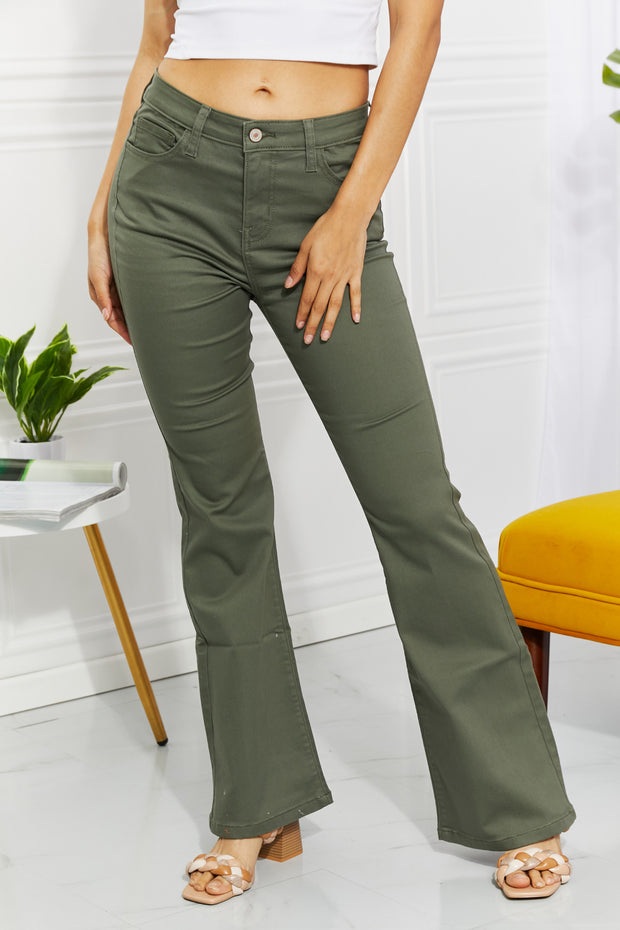 High-Rise Bootcut Jeans in Olive LIAXO