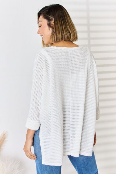 Zenana Full Size Waffle Knit V-Neck Long Sleeve Slit Top LIAXO