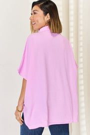 Zenana Texture Button Up Short Sleeve High-Low Shirt LIAXO