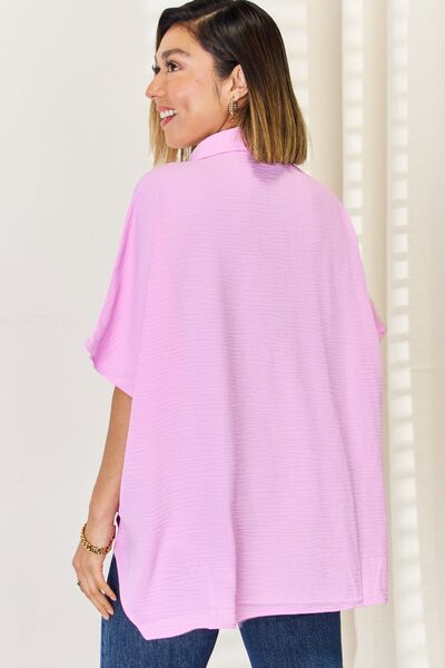 Zenana Texture Button Up Short Sleeve High-Low Shirt LIAXO