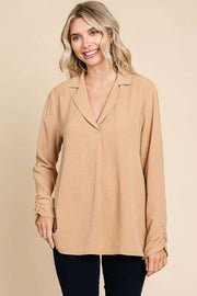 Culture Code Full Size Lapel Collar Ruched Long Sleeve Blouse LIAXO