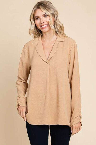 Culture Code Full Size Lapel Collar Ruched Long Sleeve Blouse LIAXO