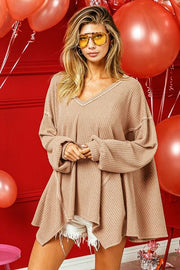 BiBi V-Neck Waffle Uneven Hem Top LIAXO